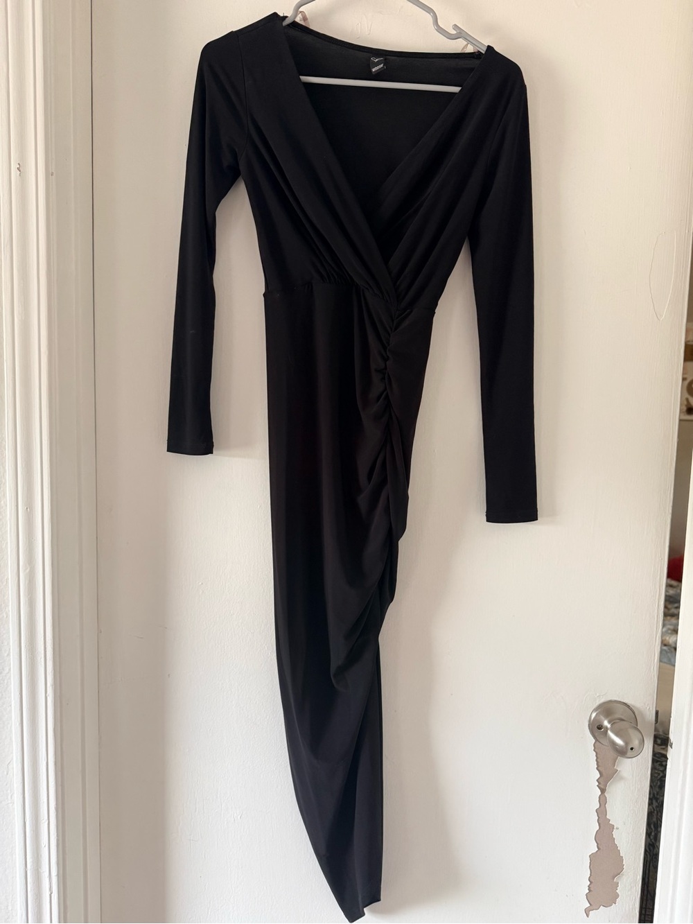 Windsor Black Long Sleeve Wrap Ruched Asymmetric Dress